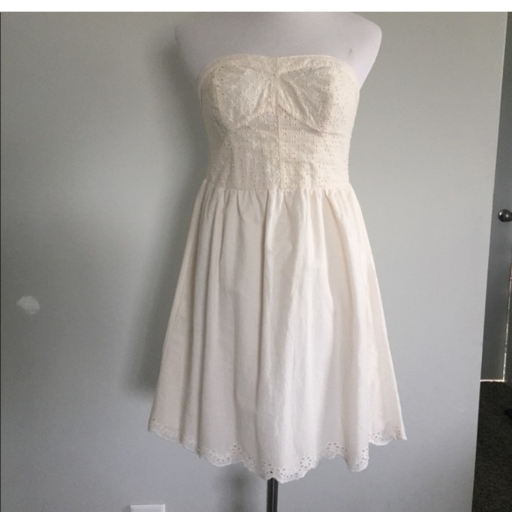Strapless Eyelet Fit flare Smocked Dress  scallop hem White Cotton Summer Beach